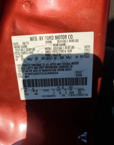 2012 Ford Escape Xlt from USA, damaged, VIN 1FMCU0D70CKA56534